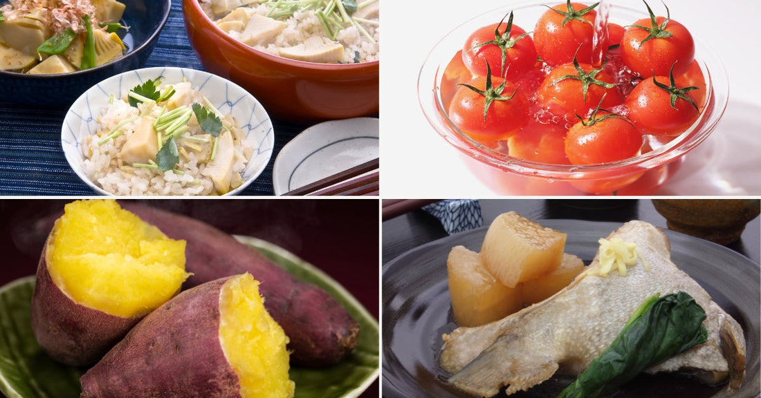 たけのこご飯、ミニトマト、ふかし芋、ブリ大根