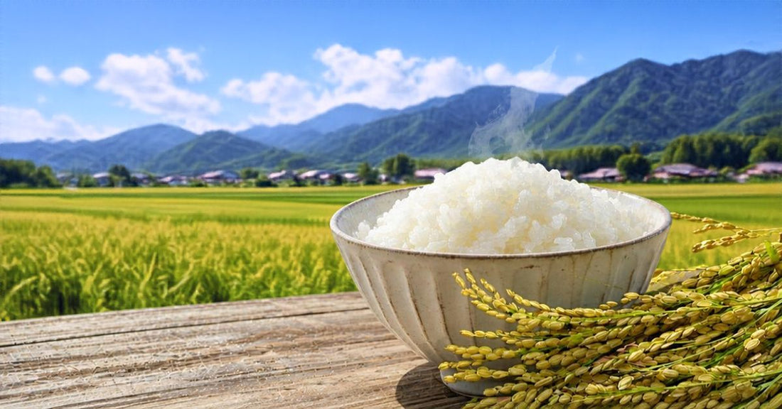 稲穂が実った山間の風景の手前に炊き立ての白米と稲穂